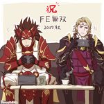 2boys armor artist_name bad_id bad_pixiv_id blonde_hair brown_eyes brown_hair copyright_name couch cup fire_emblem fire_emblem_if gemuesesuppe24 gloves japanese_armor long_hair male_focus marks_(fire_emblem_if) mask multiple_boys nintendo_switch ryouma_(fire_emblem_if) sitting teacup teeth tiara 