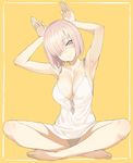  armpits arms_up bare_legs barefoot breasts bunny_pose cleavage collarbone dress fate/grand_order fate_(series) hair_over_one_eye highres indian_style large_breasts mash_kyrielight panties pantyshot pantyshot_(sitting) pink_hair purple_eyes short_dress simple_background sitting smile solo throtem underwear white_dress white_panties yellow_background 