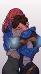  2girls black_gloves blush bodysuit brown_hair couple emily_(overwatch) eyes_closed female fingerless_gloves gloves hug long_hair multiple_girls mutual_yuri orange_hair overwatch short_hair standing tracer_(overwatch) yuri 