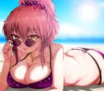  :p adjusting_eyewear ass bangs beach bikini blurry blurry_background blush bow breasts cleavage collarbone commentary_request day eyebrows_visible_through_hair eyelashes hair_between_eyes hair_bow hair_ornament hair_scrunchie highres idolmaster idolmaster_cinderella_girls jewelry jougasaki_mika large_breasts long_hair looking_at_viewer looking_over_eyewear lying necklace o-ring o-ring_bottom on_stomach outdoors pendant pink_hair polka_dot polka_dot_bow ponytail purple-tinted_eyewear purple_bikini purple_swimsuit round_eyewear ryuu. scrunchie sidelocks solo striped striped_scrunchie sun sunglasses sunlight swimsuit tinted_eyewear tongue tongue_out yellow_eyes 