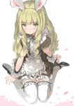  animal_ears apron blonde_hair bunny_ears curly_hair dress elin_(tera) emily_(pure_dream) from_above high_heels highres long_hair looking_up maid mary_janes shoes sitting solo tera_online thighhighs white_legwear yellow_eyes 