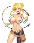  :o animal_print bell bell_collar belt blonde_hair breasts collar cow_print cow_tail fairy_tail large_breasts long_hair lucy_heartfilia nipples open_mouth scaverle_(mao) simple_background solo tail thighs twintails wardrobe_malfunction whip white_background 
