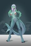  anthro big_breasts blue_skin breasts building claws feet female fish hair house humanoid_feet lunate marine muscular muscular_female navel nipples nude pink_hair puffy_nipples pussy sharp_teeth solo standing teeth tongue tongue_out 