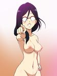  1girl areolae bangs black_hair blush breasts collarbone glasses gradient_background hand_on_hip hibike!_euphonium highres large_breasts legs long_hair looking_at_viewer medium_breasts mound_of_venus navel nipples nude opaque_glasses out-of-frame_censoring over-rim_glasses parted_lips pointing pointing_at_viewer red-framed_glasses semi-rimless_glasses simple_background solo standing tanaka_asuka thighs upper_body yuki_(12cut) 