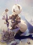  ass black_gloves black_legwear blindfold breasts cleavage gloves hairband high_heels katana kneeling leotard medium_breasts mole mole_under_mouth nier_(series) nier_automata short_hair skindentation skirt solo sword thighhighs thighs wanke weapon white_gloves white_hair yorha_no._2_type_b 