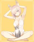  armpits arms_up bangs bare_legs barefoot blush breasts bunny_pose cat cleavage collarbone dress fate/grand_order fate_(series) hair_over_one_eye highres indian_style large_breasts looking_at_viewer mash_kyrielight panties pantyshot pantyshot_(sitting) pink_hair purple_eyes short_dress simple_background sitting smile throtem underwear white_dress white_panties yellow_background 