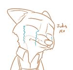  2017 anthro canine clothed clothing crying dialogue disney english_text eyes_closed fox male mammal nick_wilde restricted_palette simple_background solo tears text tggeko white_background zootopia 