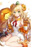 1girl alternate_costume ankle_scrunchie baggy_clothes bangs bare_shoulders barefoot between_legs blonde_hair blush breasts candy cardigan cup dinergate_(girls_frontline) dress eyebrows_visible_through_hair food food_themed_hair_ornament girls_frontline green_eyes hair_between_eyes hair_ornament hairband hairclip halloween highres holding holding_cup holding_food kneeling lollipop long_hair looking_at_viewer messy_hair nail_polish narae neckerchief off_shoulder open_cardigan open_clothes open_mouth orange_cardigan orange_nails orange_sailor_collar orange_sweater pointing pumpkin pumpkin_hair_ornament pumpkin_soup red_neckwear s.a.t.8_(girls_frontline) sailor_collar sailor_dress scrunchie sidelocks silk smile sweater very_long_hair white_dress 