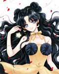  bishoujo_senshi_sailor_moon black_hair blue_eyes bow collarbone crescent crescent_earrings dress earrings facial_mark forehead_mark hair_bun highres jewelry long_hair looking_at_viewer luna_(sailor_moon) luna_(sailor_moon)_(human) pagaraga personification petals smile solo upper_body wavy_hair white_background yellow_bow yellow_dress 