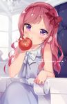  blush bow dated eyebrows_visible_through_hair hair_bow hairband happy_birthday long_hair looking_at_viewer love_live! love_live!_school_idol_project micopp nishikino_maki purple_eyes red_hair sleeveless solo tomato younger 