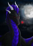  2017 black_scales dark_background digital_media_(artwork) dragon feral flower frill glowing hi_res horn looking_at_viewer male membranous_wings moon night plant red_eyes reymur scales scalie seductive shadowcloud simple_background sky smile solo stripes tagme violet_scales wings 