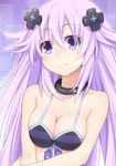  adult_neptune alternate_costume bikini blush breasts closed_mouth collarbone d-pad d-pad_hair_ornament doria_(5073726) eyebrows_visible_through_hair flower front-tie_bikini front-tie_top gradient gradient_background hair_between_eyes hair_ornament long_hair looking_at_viewer medium_breasts neptune_(series) purple_eyes purple_hair shin_jigen_game_neptune_vii side-tie_bikini smile solo stomach swimsuit upper_body v_arms 