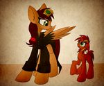  brown_hair clothed clothing duo equine eyewear fan_character feathered_wings feathers feral fur goggles hair hooves horn mammal my_little_pony nude pegasus queenbloodysky red_fur simple_background smile unicorn wings 