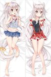  ahoge animal_ears bakugadou bangs bare_arms bare_legs barefoot bed_sheet blue_skirt blush bow breasts brown_eyes chiya_(urara_meirochou) collarbone dakimakura eyebrows_visible_through_hair full_body hair_between_eyes hair_bobbles hair_bow hair_down hair_ornament knees_together_feet_apart long_hair long_ponytail looking_at_viewer lying midriff miniskirt multiple_views navel no_bra on_back open_mouth parted_lips pleated_skirt ponytail red_skirt see-through shirt sidelocks skirt sleeveless small_breasts smile stomach striped striped_bow striped_shirt thigh_gap urara_meirochou very_long_hair white_hair yellow_bow 