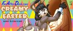  2017 anthro black_hair blush breasts bunny_bloom butt chocolate_egg dipstick_ears easter eyewear female glasses gloves_(marking) hair holidays lagomorph looking_back mammal markings max_blackrabbit messy nude open_mouth pattern_background rabbit rear_view restrained side_boob simple_background solo text 