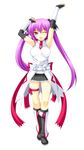  armpits arms_up bangs bare_shoulders beatmania beatmania_iidx belt boots elbow_gloves eyebrows_visible_through_hair fingerless_gloves frills gloves highres kinoshita_ichi knee_boots long_hair looking_at_viewer miniskirt mizushiro_celica one_eye_closed open_mouth pleated_skirt purple_eyes purple_hair ribbon shirt simple_background skirt sleeveless smile solo twintails white_background 