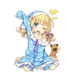  ;d amelie_mcgregor barefoot blonde_hair blue_eyes child dog full_body hat long_hair looking_at_viewer mmu off_shoulder official_art one_eye_closed open_mouth pajamas simple_background sitting sleeves_past_wrists smile solo star star_print uchi_no_hime-sama_ga_ichiban_kawaii wariza wavy_hair white_background younger 