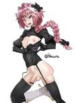  1boy androgynous artist_name bar_censor black_legwear boots braid burakku-ra censor_bar censored fang fate/apocrypha fate/grand_order fate_(series) flaccid foreskin garter_straps heart lingerie long_hair looking_at_viewer nipples open_mouth penis pink_hair pointless_censoring purple_eyes rider_of_black simple_background solo stockings testicles tied_hair trap underwear white_background 