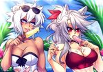  2girls animal_ears bare_shoulders blue_eyes breasts crescentia deathblight eating esmoda_(deathblight) ferania_(deathblight) ice_cream large_breasts licking lipstick long_hair long_nails midriff multiple_girls nail_polish palm_tree ponytail red_eyes revealing_clothes sea sexually_suggestive short_hair sky strapless surprised tank_top tongue tongue_out torn_clothes white_hair 