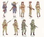  ankle_boots ankle_wrap arisaka assault_rifle battle_rifle bayonet black_hair bolt_action boots brown_eyes brown_hair camouflage combat_boots commentary contrapposto flak_jacket full_body gaiters gloves green_eyes gun hand_on_hip hat helmet highres howa_type_64 howa_type_89 imperial_japanese_army japan japan_ground_self-defense_force japan_self-defense_force load_bearing_equipment long_hair longmei_er_de_tuzi looking_at_viewer md5_mismatch military military_hat military_uniform multiple_girls number original peaked_cap pouch revision rifle short_ponytail sling smile soldier standing timeline translated twintails uniform weapon white_gloves world_war_ii 