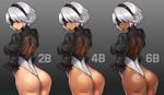  :/ alternate_skin_color ass black_background blindfold breasts closed_mouth covered_nipples dark_skin feather_trim from_behind gradient gradient_background hairband highres large_breasts leotard looking_back mole mole_under_mouth nestkeeper nier_(series) nier_automata pale_skin puffy_sleeves see-through short_hair shoulder_blades silver_hair solo tan thong_leotard wedgie yorha_no._2_type_b 