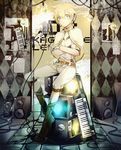 bananaxcs7 blonde_hair blue_eyes boots capelet gloves headphones instrument kagamine_len keyboard_(instrument) leaning_back light_bulb male_focus microphone microphone_stand photo_(object) pout project_diva_(series) sheet_music sitting sketch solo speaker television text_focus tile_floor tiles vocaloid wire 