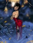  ada_wong ass backless_dress backless_outfit black_hair blue_eyes bob_cut choker crossed_arms dress from_above full_body ganassa high_heels holster lips long_dress looking_back red_dress resident_evil resident_evil_4 ribbon_choker short_hair side_slit solo thigh_holster toned 