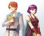  1girl arm_guards artur bad_id bad_pixiv_id bare_shoulders book breasts cape dress fire_emblem fire_emblem:_seima_no_kouseki hands_together looking_at_another lotter75 lute_(fire_emblem) medium_breasts orange_eyes orange_hair priest purple_eyes purple_hair robe short_hair simple_background smile twintails upper_body 
