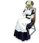  12_beast 1girl blonde_hair breasts colored dark_skin female full_body headphones headphones_around_neck inui_takemaru large_breasts maid maid_headdress monster_girl okayado purple_eyes sheep_ears sheep_girl sheep_horns short_hair sitting solo 