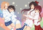  a_channel aran_sweater black_hair blonde_hair brown_eyes brown_hair highres ichii_tooru kuroda_bb long_hair momoki_run multiple_girls nishi_yuuko official_art plaid plaid_legwear plaid_skirt pleated_skirt short_hair skirt sweater tennouji_nagisa thighhighs turtleneck turtleneck_sweater twintails 