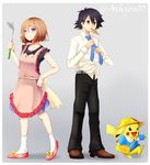  1girl apron ashujou bag black_hair blonde_hair blue_eyes bread brown_eyes clothed_pokemon food gen_1_pokemon hat highres kindergarten_uniform necktie pants pikachu pokemon pokemon_(anime) pokemon_(creature) pokemon_xy_(anime) satoshi_(pokemon) serena_(pokemon) shirt short_hair 