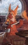 anthro clothed clothing eyrich fire fur gloves hammer male melee_weapon smile solo sword tools unknown_species weapon 