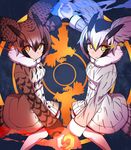  bangs bird bird_tail black_hair blonde_hair blue_background breasts brown_coat brown_hair coat energy eurasian_eagle_owl_(kemono_friends) feather-trimmed_sleeves glowing_hands grey_coat grey_hair hair_between_eyes hair_wings hands_together highres kemono_friends kuri_dora light_trail long_sleeves looking_at_viewer multicolored_hair multiple_girls northern_white-faced_owl_(kemono_friends) orange_eyes owl patterned_background serious small_breasts streaked_hair white_hair yellow_eyes 