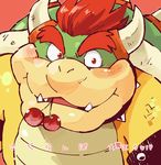  blush bowser cherry food food_in_mouth fruit garouzuki hair horn japanese_text koopa looking_at_viewer mario_bros nintendo red_eyes red_hair scalie simple_background slightly_chubby solo text video_games 