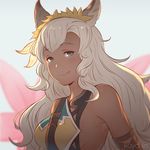  animal_ears artist_name bare_arms bare_shoulders breasts cat_ears closed_mouth dark_skin erune eyebrows_visible_through_hair flower granblue_fantasy green_eyes grey_hair hair_flower hair_ornament koyorin lips long_hair looking_at_viewer medium_breasts nemone sideboob smile solo strap 