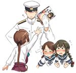  &gt;_&lt; 3girls admiral_(kantai_collection) akigumo_(kantai_collection) blush bow brown_hair clenched_hands closed_eyes confiscation faceless faceless_male facing_away facing_viewer from_behind gloves hair_bow hat isonami_(kantai_collection) kantai_collection manga_(object) military military_uniform multiple_girls naval_uniform peaked_cap ponytail pornography sakura_(medilore) school_uniform serafuku shirayuki_(kantai_collection) tears uniform wavy_mouth white_gloves 