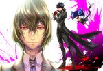  akechi_gorou amamiya_ren bad_id bad_pixiv_id black_hair black_pants blood blood_splatter boots brown_footwear brown_hair cat flower gloves looking_at_viewer male_focus mitsuha_(bless_blessing) morgana_(persona_5) multiple_boys necktie open_mouth pants persona persona_5 red_eyes red_gloves rose smelling striped striped_neckwear tears vest 