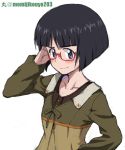  adjusting_eyewear artist_name bangs bespectacled black_eyes black_hair blunt_bangs blush bob_cut brown_shirt casual closed_mouth commentary frown girls_und_panzer glasses izawa_shiori kayabakoro kunogi_ai long_sleeves looking_at_viewer seiyuu_connection shirobako shirt short_hair simple_background sketch solo sono_midoriko standing twitter_username upper_body white_background 