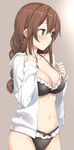  bikini black_bikini blush braid breasts brown_hair cleavage green_eyes hood hoodie kantai_collection long_hair medium_breasts navel noshiro_(kantai_collection) open_clothes open_hoodie simple_background solo swimsuit takayaki 