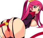  1girl anal anal_object_insertion ass bent_over blush breast_press breasts butt_plug buttplug buttplug_tail garter_belt garter_straps green_eyes gunxsword large_breasts looking_back object_insertion open_mouth panties pink_hair ponytail priscilla_(gunxsword) red_panties sideboob sikorsky solo tail thighhighs thighs underwear 