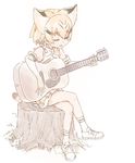  acoustic_guitar animal_ears bangs bow bowtie cat_ears cat_tail closed_eyes commentary_request crossed_legs elbow_gloves gloves guitar holding holding_instrument instrument kemono_friends megumegu_hosi_117 mewhan music muted_color open_mouth playing_instrument sand_cat_(kemono_friends) shoes short_hair sitting sitting_on_tree_stump skirt sleeveless socks solo tail tree_stump white_background 