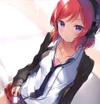  blush collarbone digital_media_player eyebrows_visible_through_hair headphones ipod jacket looking_at_viewer love_live! love_live!_school_idol_project mignon miniskirt necktie nishikino_maki open_clothes open_shirt plaid plaid_skirt pleated_skirt purple_eyes red_hair shirt short_hair sketch skirt solo wing_collar 