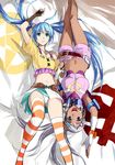  :d aqua_eyes arm_up bakugan bakugan_battle_brawlers belt blue_hair crop_top dark_skin fingerless_gloves flat_chest gloves grey_hair hair_ornament hairclip hairpin headphones headphones_around_neck holding_hands julie_heyward kriss_sison lying midriff misaki_runo multiple_girls navel on_back open_mouth panties parted_lips purple_eyes revision shorts skirt smile striped striped_legwear thighhighs twintails underwear upside-down 