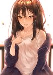  :d absurdres blue_eyes breasts brown_hair collarbone highres hplay idolmaster idolmaster_cinderella_girls jacket long_hair looking_at_viewer open_mouth shibuya_rin shirt sitting small_breasts smile solo sweat t-shirt teeth tongue 