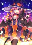  :d bat_wings black_legwear blue_eyes blush candy choker commentary_request demon_horns demon_tail detached_sleeves elizabeth_bathory_(fate) elizabeth_bathory_(fate)_(all) elizabeth_bathory_(halloween)_(fate) fang fate/grand_order fate_(series) food frills hair_between_eyes halloween hat highres holding holding_food horns lollipop long_hair open_mouth palms pink_hair pointy_ears smile solo star tail thighhighs toosaka_asagi v-shaped_eyebrows wings witch_hat zettai_ryouiki 