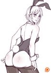  alternate_hair_color animal_ears ass blue_eyes breasts bunny_ears bunny_tail bunnysuit detached_collar fake_animal_ears fake_tail from_behind hairband kachima kingdom_hearts kingdom_hearts_358/2_days leaning_forward leotard looking_back medium_breasts monochrome older pantyhose patreon_logo sketch smile solo spot_color tail wrist_cuffs xion_(kingdom_hearts) 