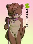  2017 5_fingers anthro brown_fur brown_hair collar cub drychicken english_text eyelashes eyewear female flat_chested fur glasses hair hair_over_eye half-closed_eyes leash looking_at_viewer mammal mustelid nipples nude otter purple_eyes pussy seductive short_hair signature simple_background smile solo standing text young 