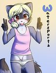  2017 anthro big_eyes blonde_hair clothing cub drychicken english_text female gloves_(marking) hair hair_bow hair_ribbon looking_at_viewer mammal markings panties peeing pussy raccoon ribbons short_hair signature simple_background solo steam text tongue tongue_out underwear urine v_sign watersports wetting young 