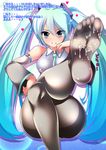  1girl ahen aqua_hair bare_shoulders blue_eyes breasts cum feet hatsune_miku legs_crossed long_hair looking_at_viewer medium_breasts pantyhose parted_lips sitting smile soles solo toes translation_request twintails very_long_hair vocaloid 
