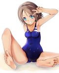  1girl armpits blue_eyes blue_swimsuit blush breasts brown_hair competition_swimsuit covered_navel grin haxtutari looking_at_viewer love_live! love_live!_sunshine!! medium_breasts one-piece_swimsuit sitting smile solo swimsuit tagme v watanabe_you 